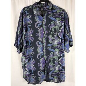 Shah Safari Vintage Y2K Rayon Abstract Print‎ Button Down Shirt Mens Large